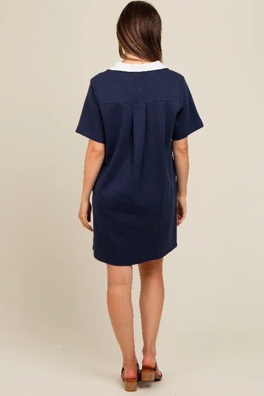 Navy Blue Contrast Collar Maternity Polo Dress