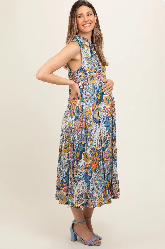 Navy Blue Floral Paisley Mock Neck Maternity Midi Dress