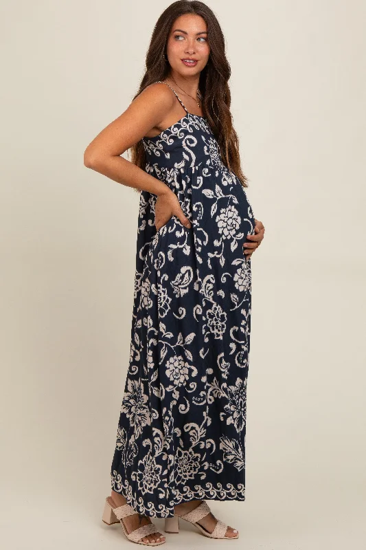 Navy Floral Maternity Maxi Dress