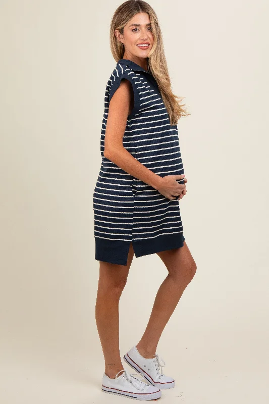 Navy Striped Knit Cap Sleeve Maternity Mini Dress