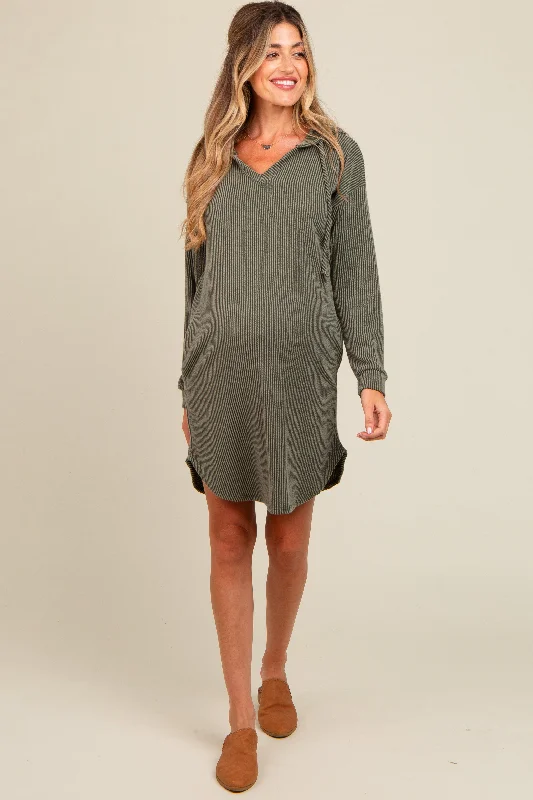 Olive Ribbed Hoodie Maternity Dress