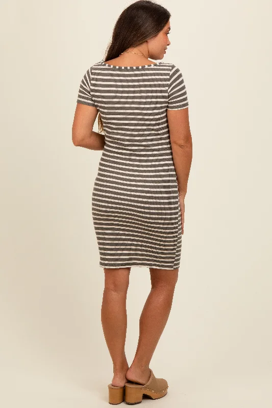 Olive Striped Boat Neck Ruched Maternity Dress