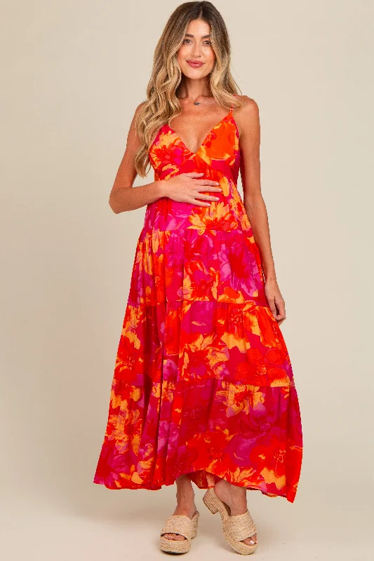 Orange Floral Print Tiered Maternity Dress