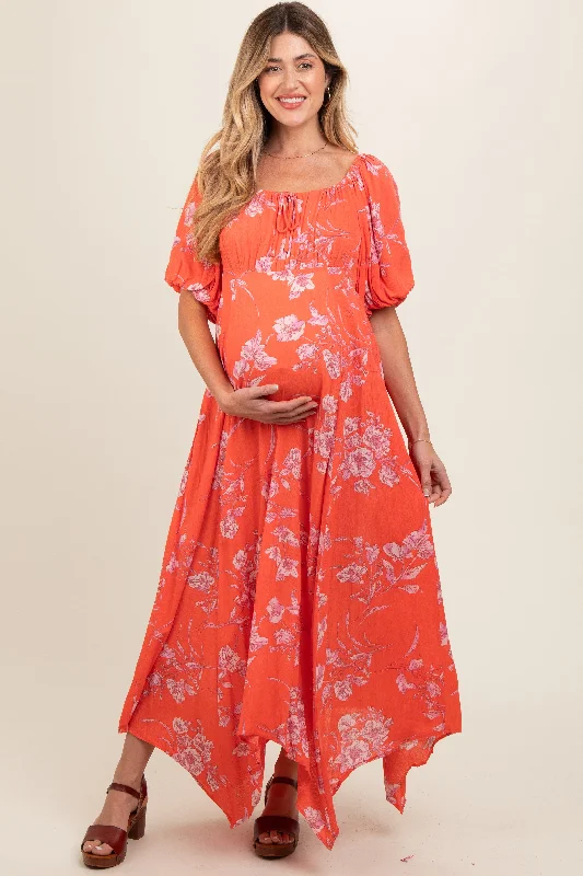 Orange Floral Puff Sleeve Maternity Maxi Dress