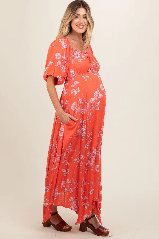 Orange Floral Puff Sleeve Maternity Maxi Dress