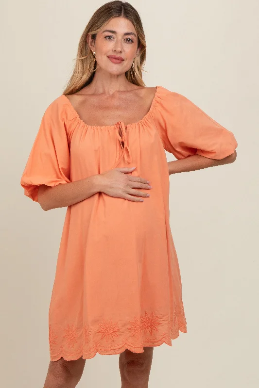 Peach Embroidered Puff Sleeve Maternity Dress