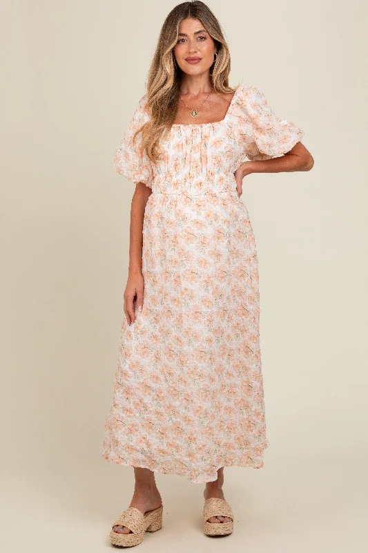 Peach Floral Puff Sleeve Maternity Midi Dress