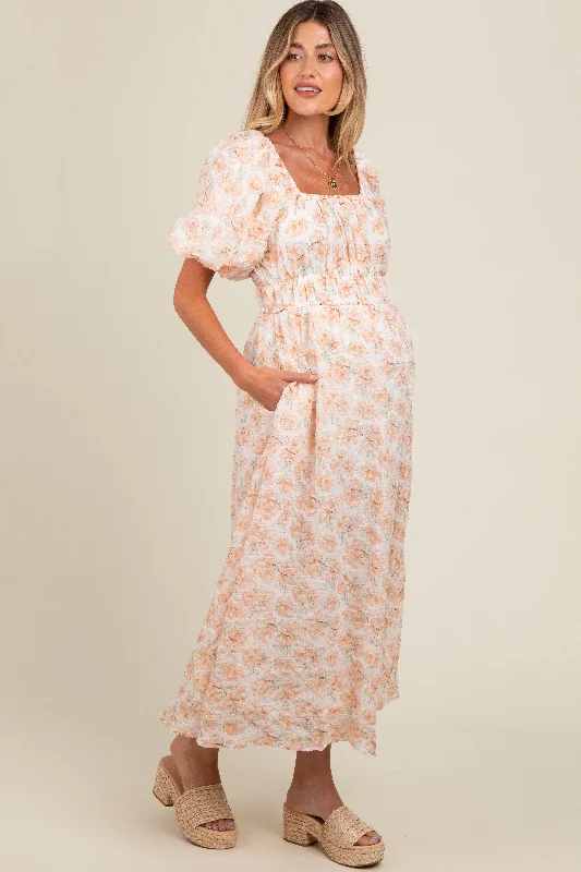 Peach Floral Puff Sleeve Maternity Midi Dress