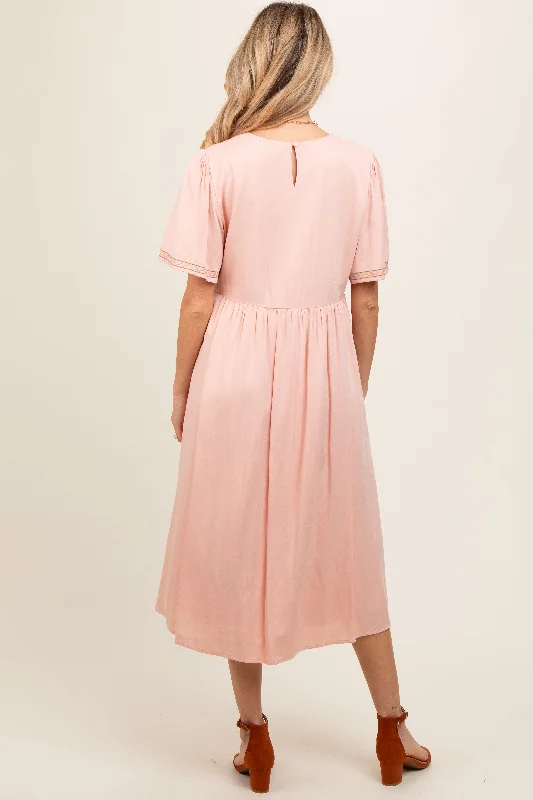 Peach Short Sleeve V-Neck Maternity Midi Dress