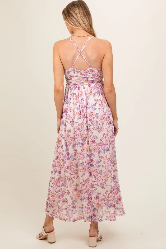 Pink Floral Mesh Sleeveless Maternity Maxi Dress