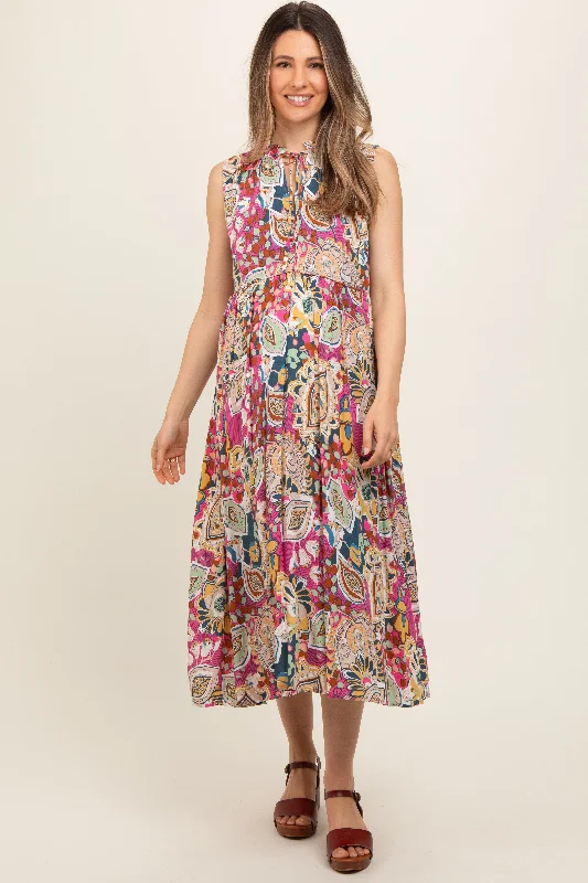 Pink Floral Paisley Mock Neck Maternity Midi Dress