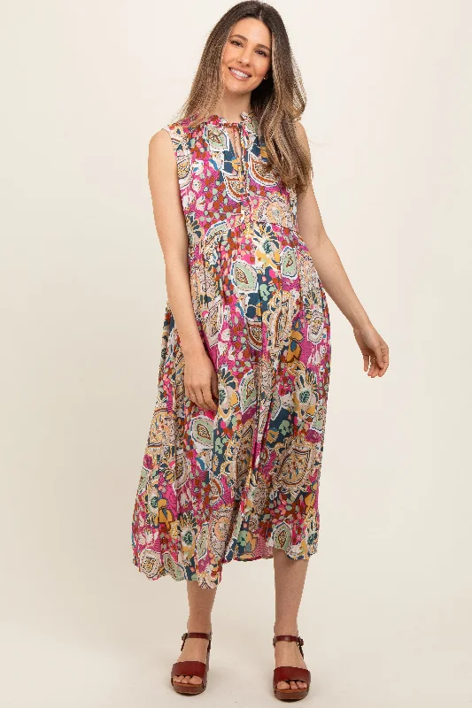 Pink Floral Paisley Mock Neck Maternity Midi Dress