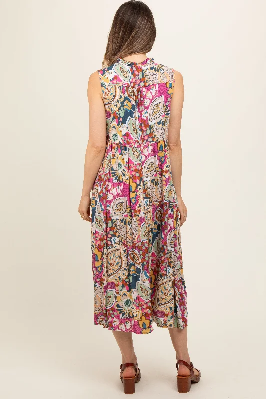 Pink Floral Paisley Mock Neck Maternity Midi Dress