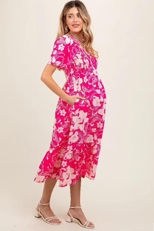 Pink Floral Print Smocked Maternity Midi Dress