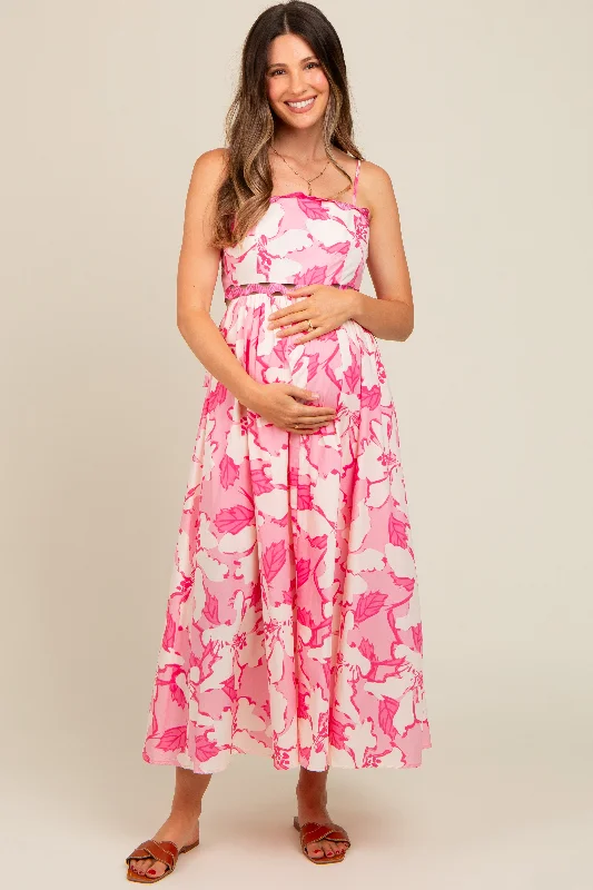 Pink Floral Wave Trim Back Tie Maternity Midi Dress