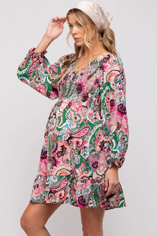 Pink Paisley Smocked Long Sleeve Maternity Dress