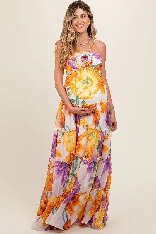 Purple Floral Top Accent Tiered Maternity Maxi Dress