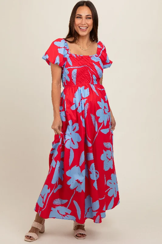 Red Floral Print Bias Smocked Bust Maternity Maxi Dress