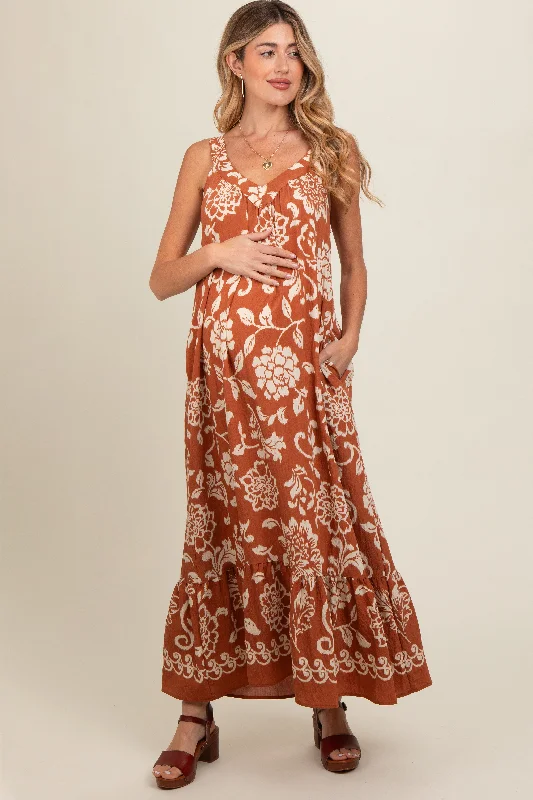 Rust Floral Tie Back Maternity Maxi Dress