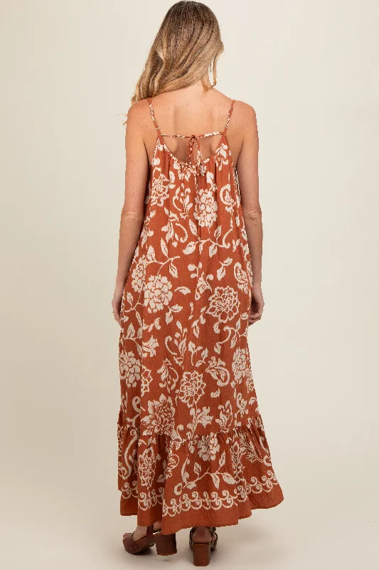 Rust Floral Tie Back Maternity Maxi Dress