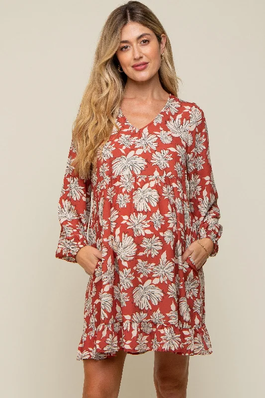 Rust Floral V-Neck Long Sleeve Maternity Dress