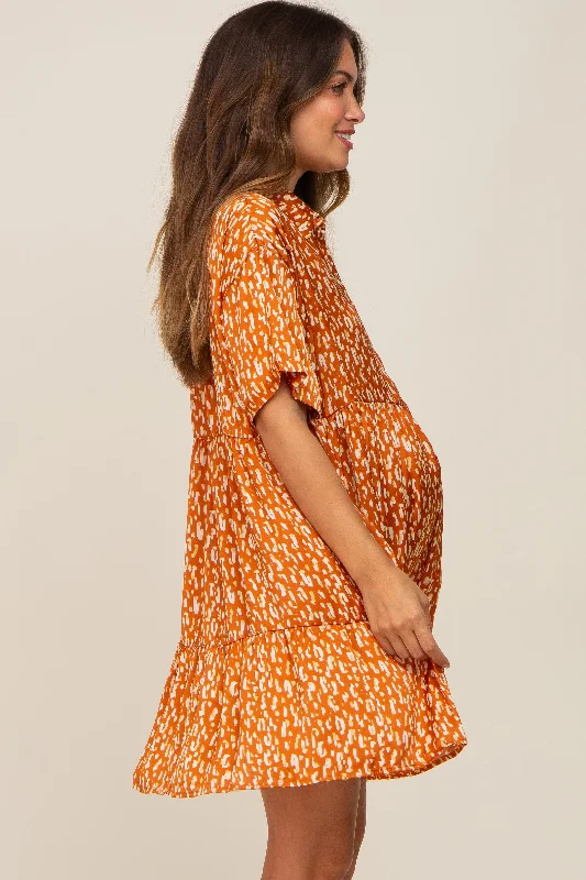 Rust Printed Satin Collared Maternity Dress