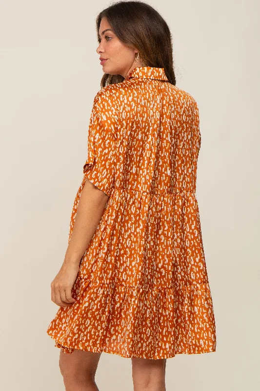 Rust Printed Satin Collared Maternity Dress