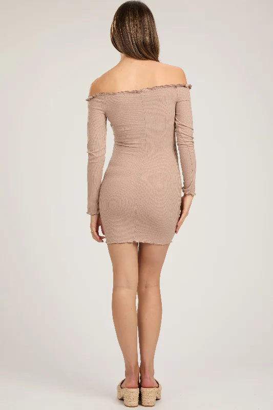 Taupe Ruffle Off Shoulder Maternity Fitted Mini Dress