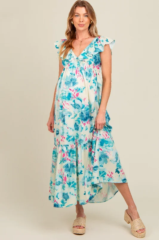 Teal Floral Ruffle Accent V-Neck Maternity Maxi Dress