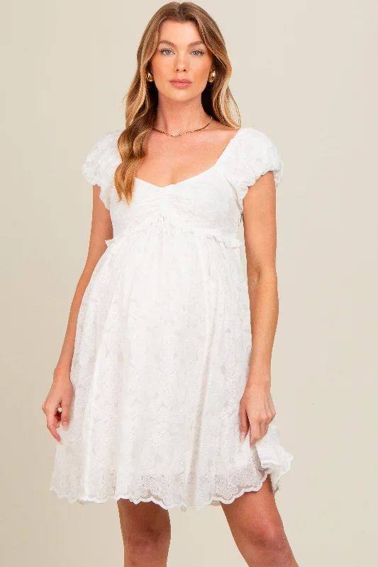 White Floral Lace Embroidered Puff Sleeve Maternity Dress