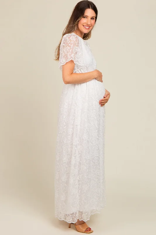 White Lace Sheer Lace Back Maternity Maxi Dress