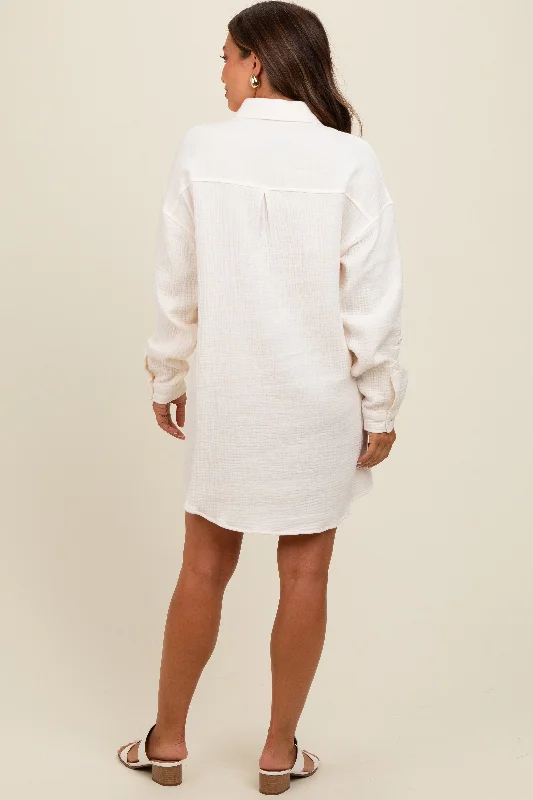 White Rolled Cuff Maternity Button Down Dress