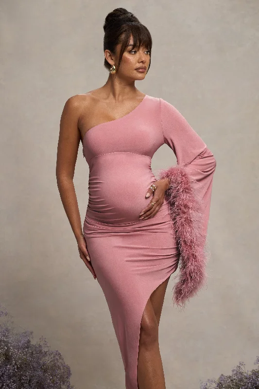 With A Flourish | Pink Asymmetric One-Sleeved Maternity Maxi Dress With Feathers