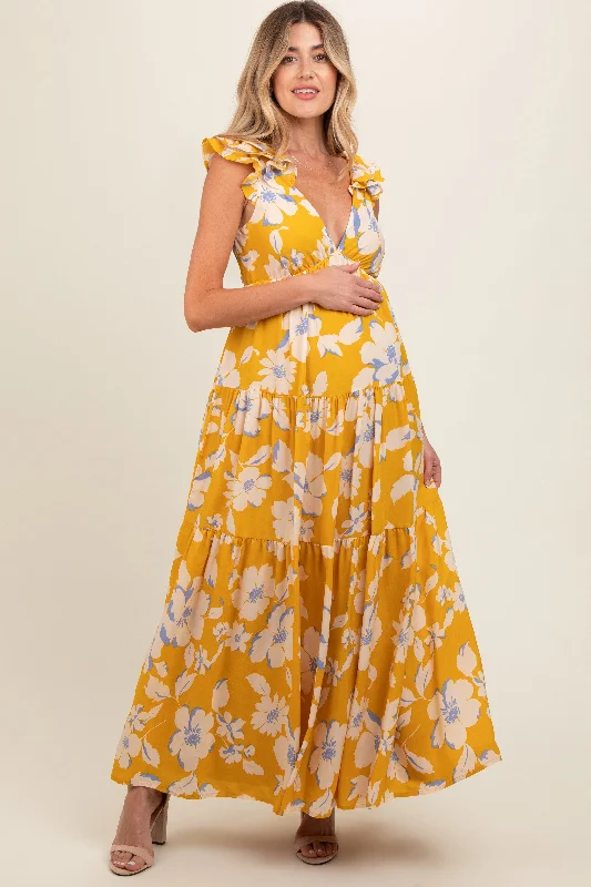 Yellow Floral Deep V-Neck Open Back Maternity Maxi Dress