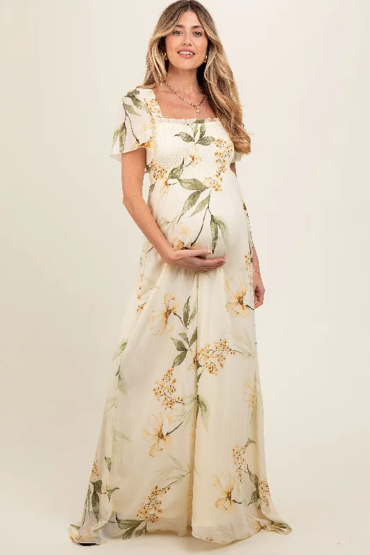 Yellow Floral Smocked Maternity Maxi Dress