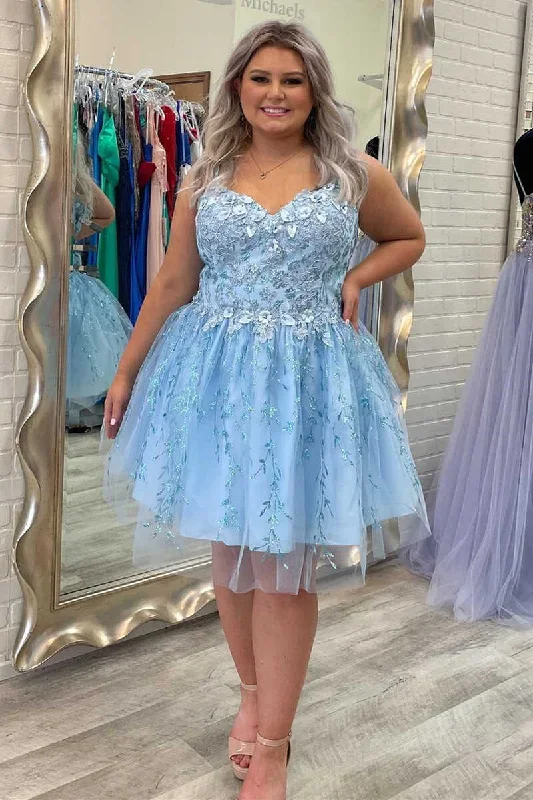 A-Line Light Blue Appliques Short Homecoming Dress