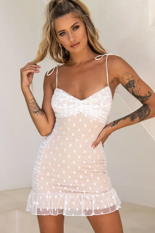 Bambi Ruched Mini Dress Polka Dot White