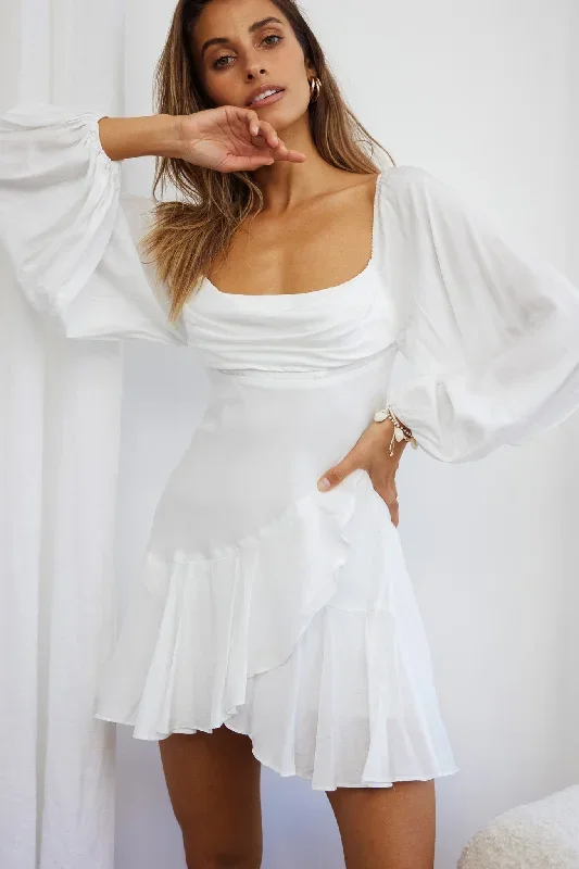 Beaujolais Long Sleeve Cowl Neckline Ruffle Satin Mini Dress White