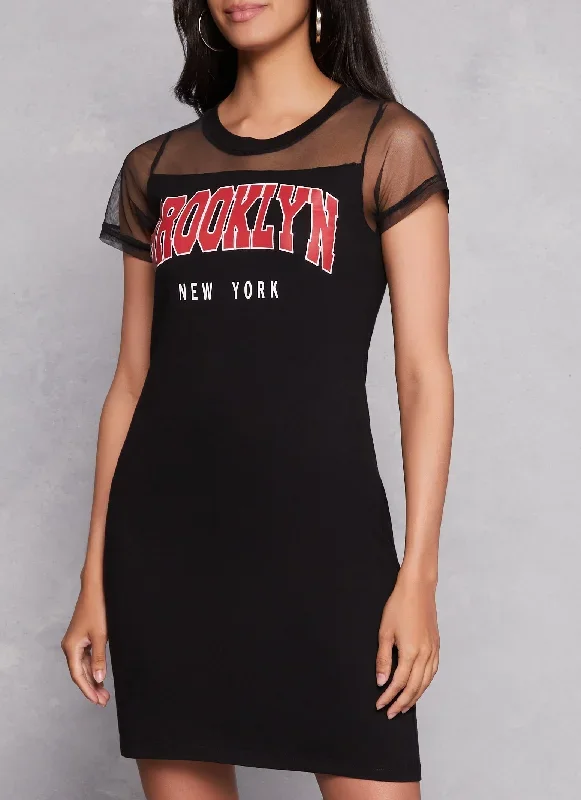 Brooklyn New York Mesh Detail Graphic T Shirt Dress