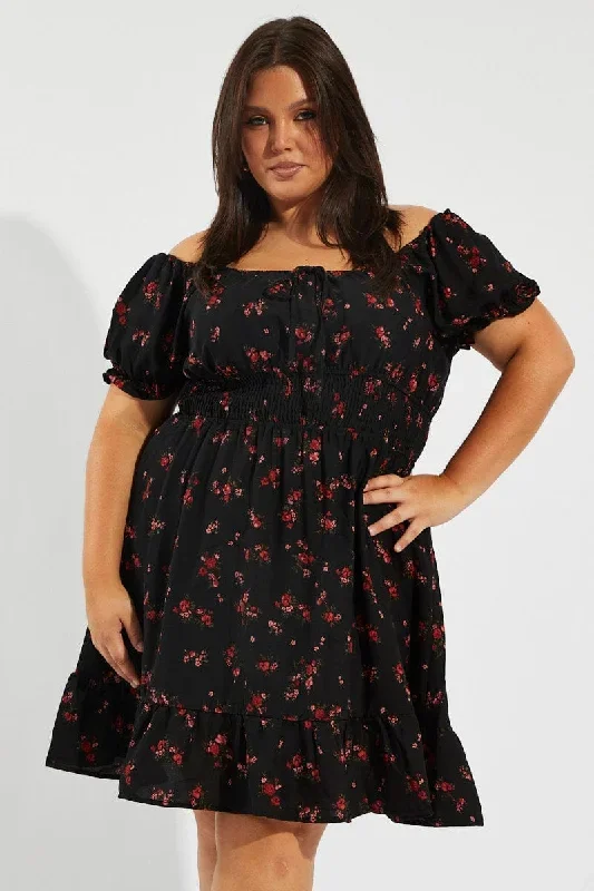 black-floral-fit-and-flare-dress-short-sleeve-ruched-bust-ced9007v-34r-1