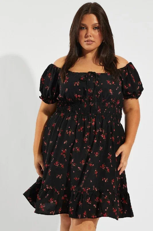 black-floral-fit-and-flare-dress-short-sleeve-ruched-bust-ced9007v-34r-1