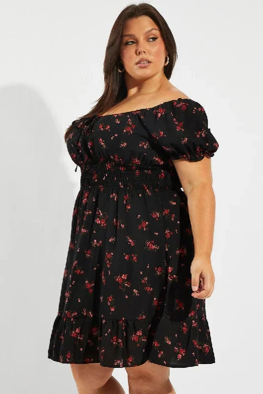 black-floral-fit-and-flare-dress-short-sleeve-ruched-bust-ced9007v-34r-1