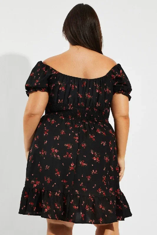 black-floral-fit-and-flare-dress-short-sleeve-ruched-bust-ced9007v-34r-1