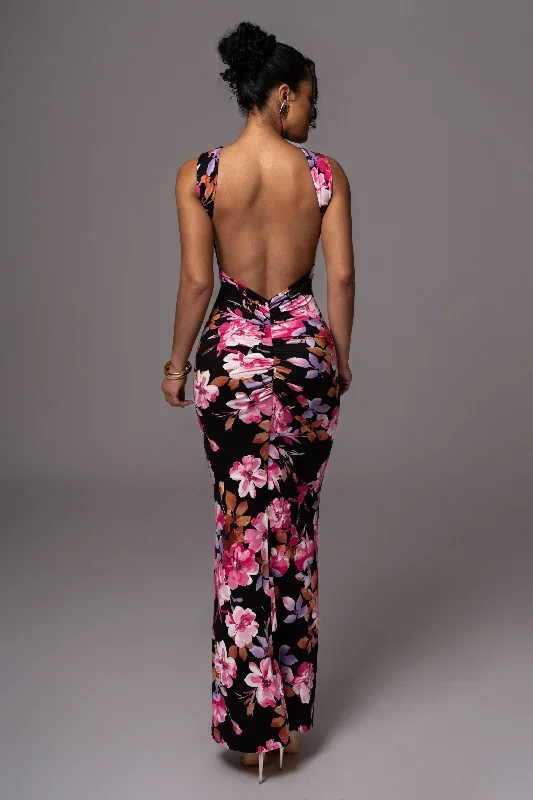 Black Floral JLUXBASIX FRONT AND CENTER MAXI DRESS