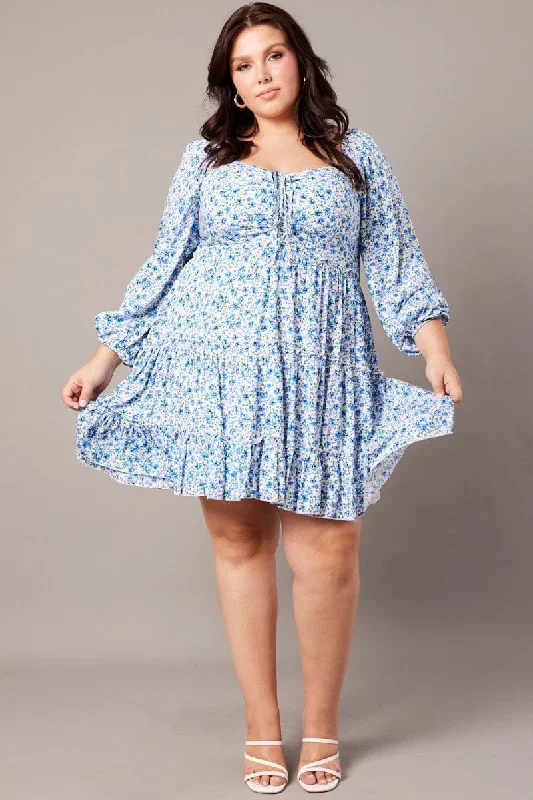 Blue Ditsy Long Sleeve Tie Front Ditsy Dress