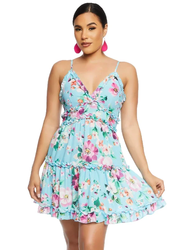 Iris Floral V Neck Tiered Ruffle Sundress