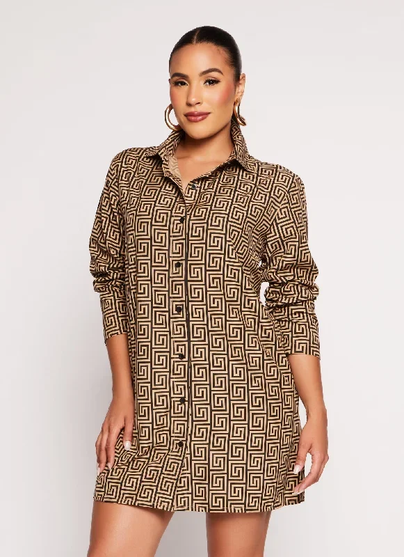 Greek Key Button Front Shirt Dress