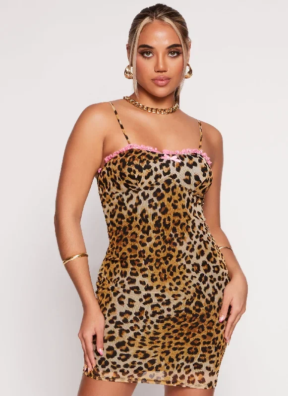 Leopard Print Lace Trim Cami Dress