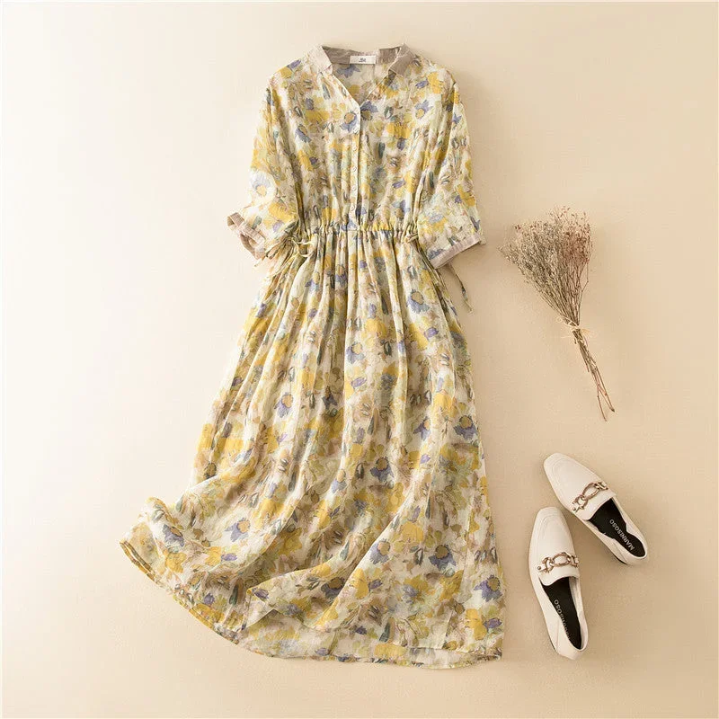 Cotton And Linen Thin Floral Pattern Contrast Color V-neck Shirt Dress