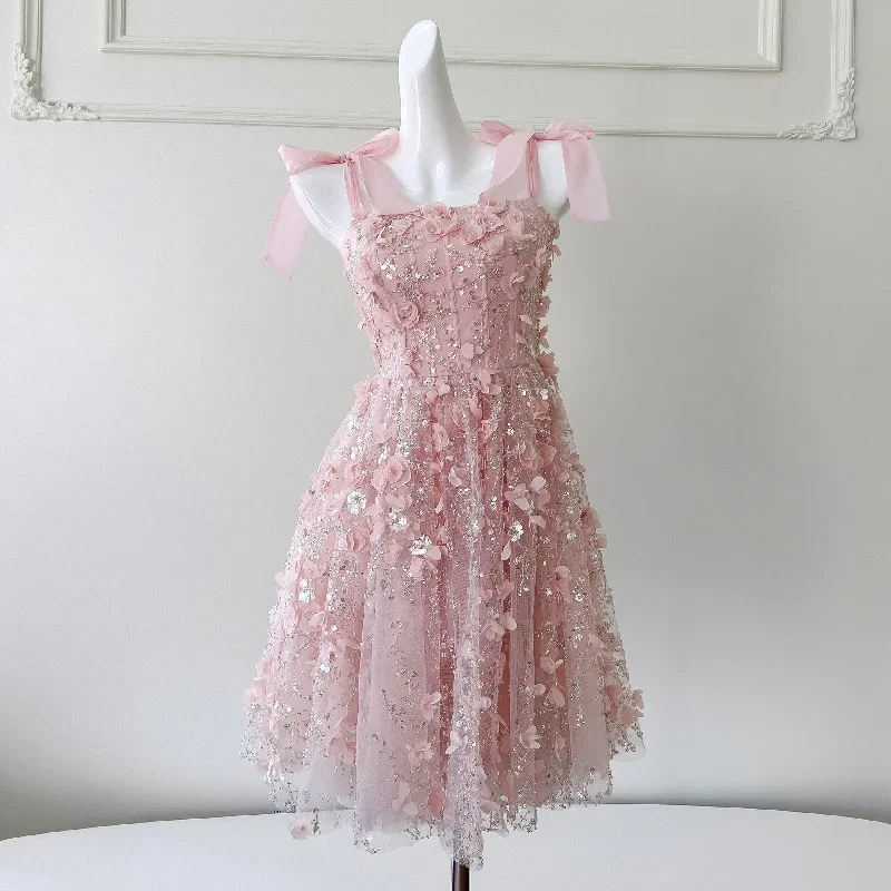 Custom Made Fairy Pink Prom Dresses 3D Flowers Spaghetti Strap Pleat Ruched Above Knee Homecoming Dresses vestidos